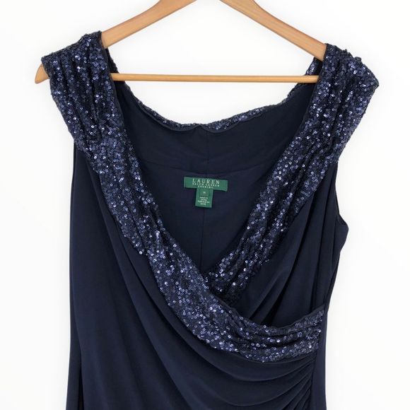 Lauren Ralph Lauren Evening Navy Sequin Trim Stretch Jersey Dress size 14 - Picture 2 of 12